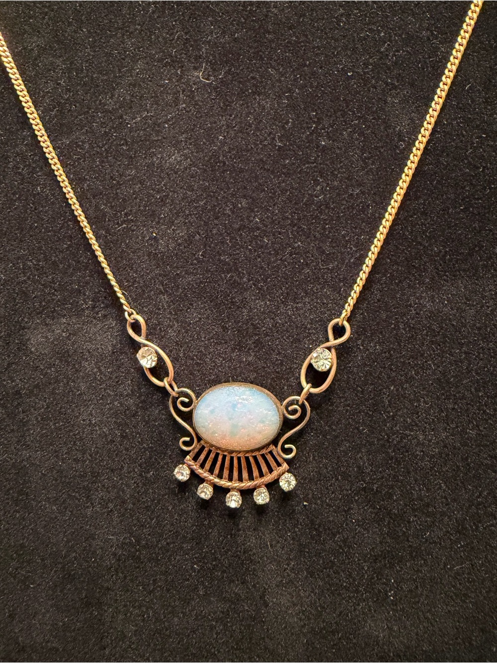 Vintage Opal Glass Necklace Rhinestone Pendant Gold Tone Art Nouveau Revival